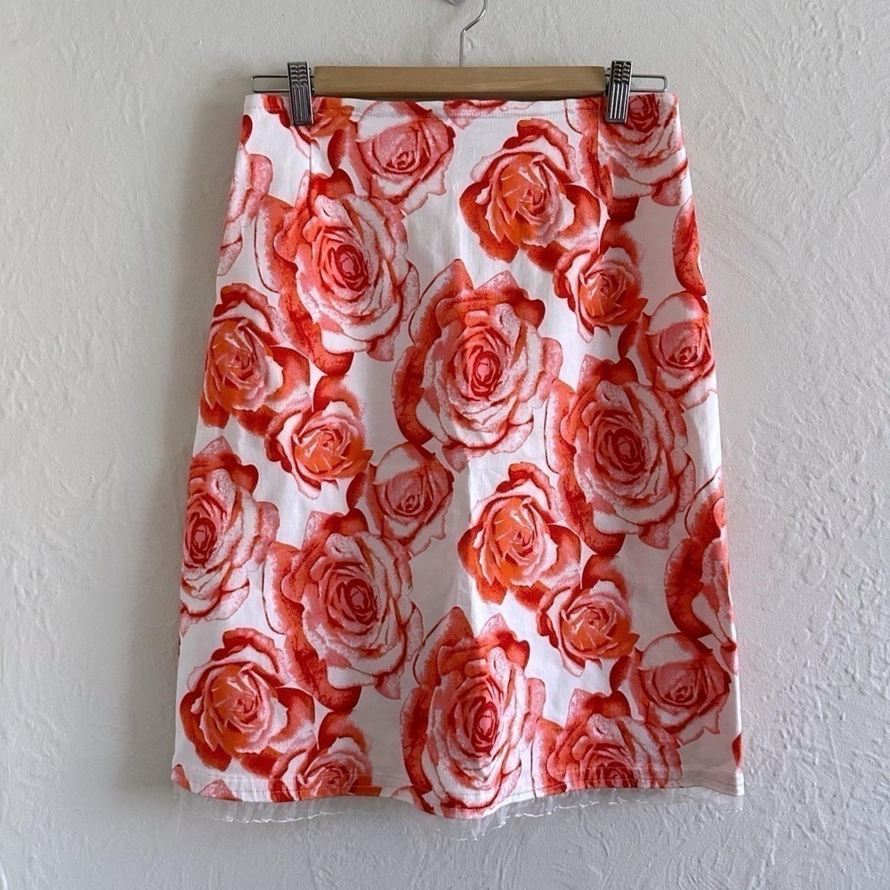 Y2K Red Rose Printed Midi Skirt Size 28’’